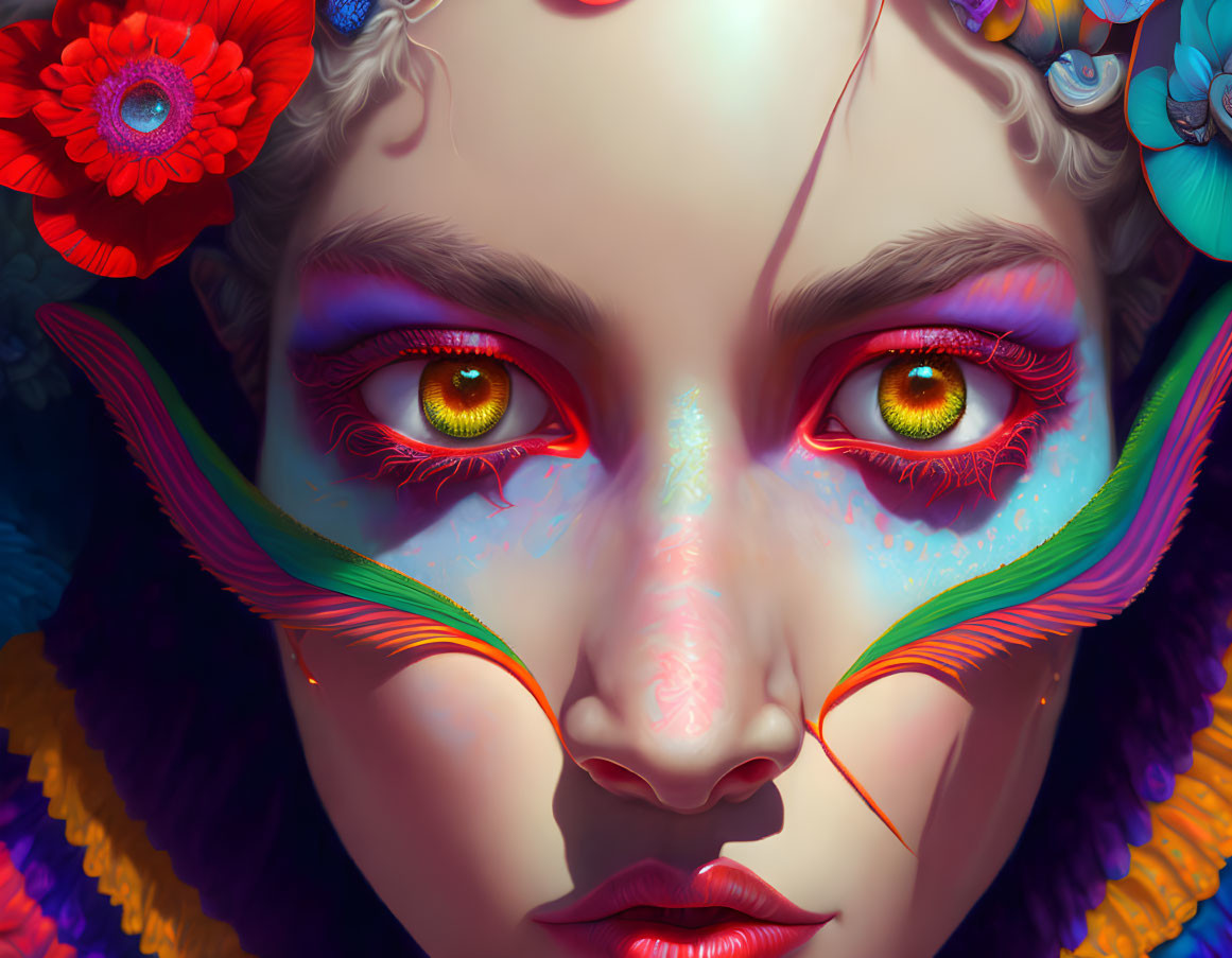 Colorful digital portrait with golden eyes and floral details on dark background