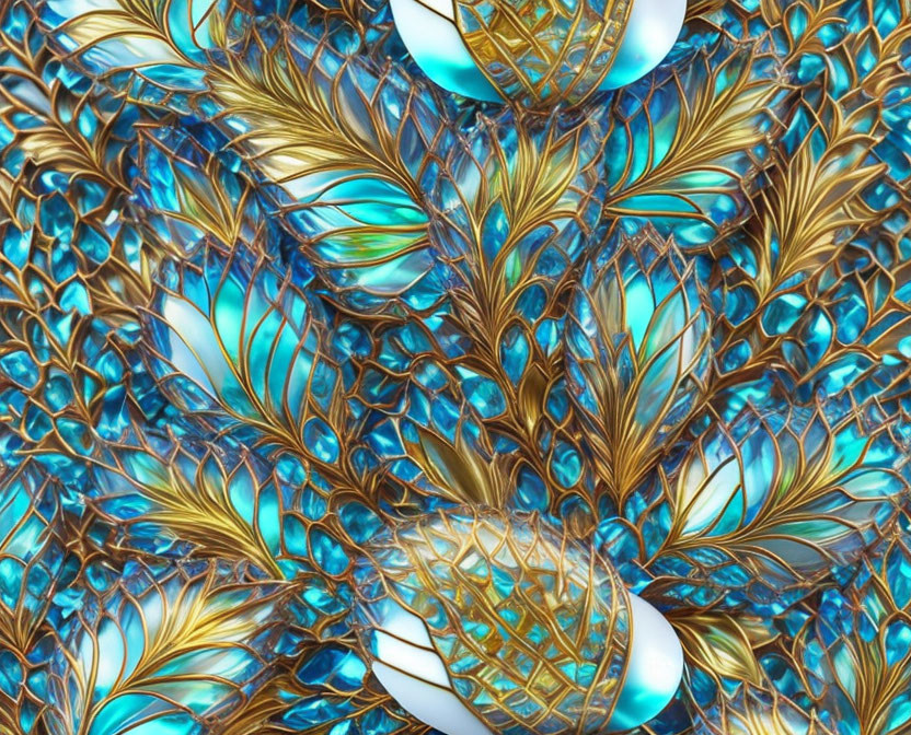 Golden peacock feather-like patterns on a vibrant blue and turquoise layered background