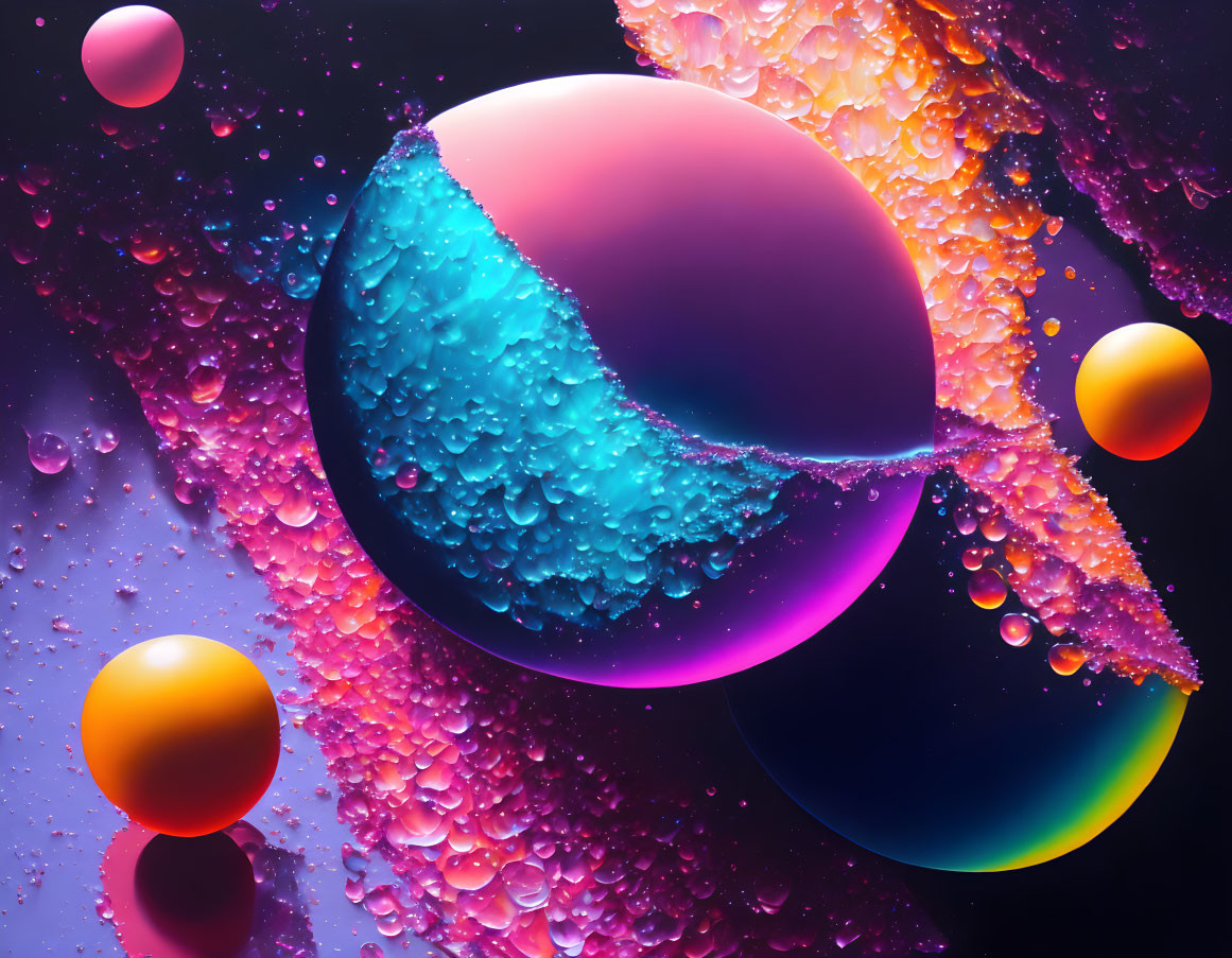 Colorful Abstract Art: Glossy Spheres and Textures on Dark Background