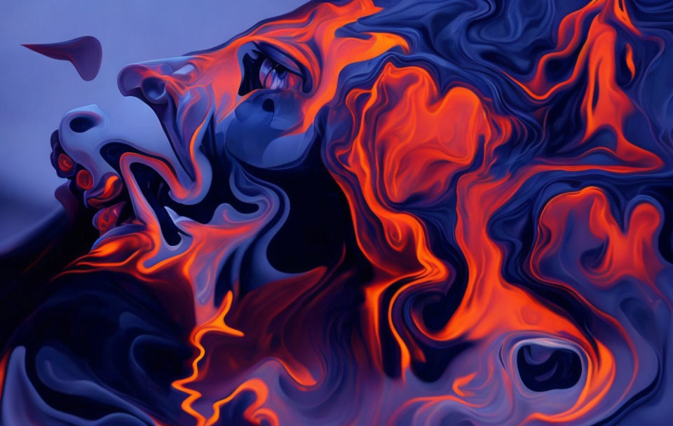 Surreal artwork: Woman's face merging with fluid, fiery shapes in blue and orange.