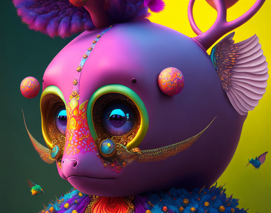 Colorful digital creature with large eyes and ornate patterns in vibrant setting