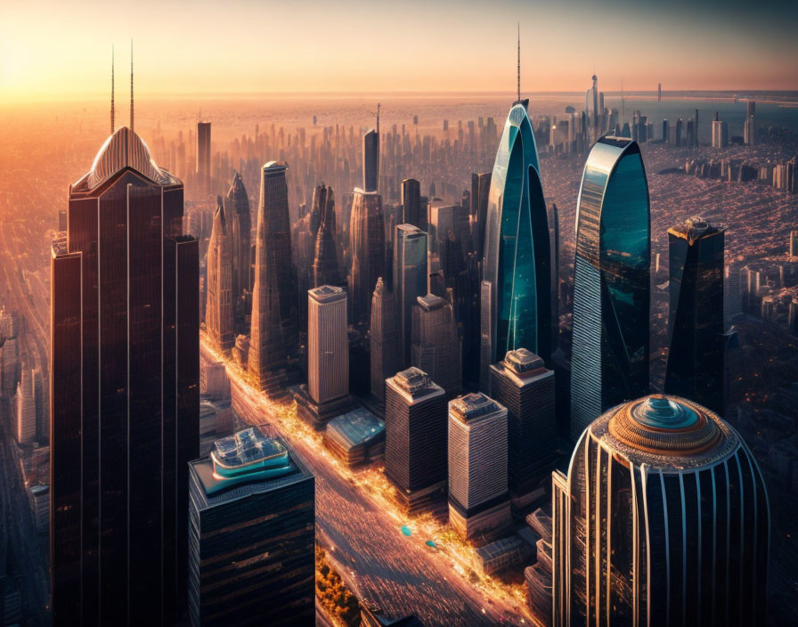 Modern cityscape at sunset with glowing skyscrapers & city lights.