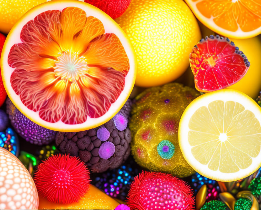 Colorful Citrus Fruits and Exotic Spheres with Psychedelic Patterns