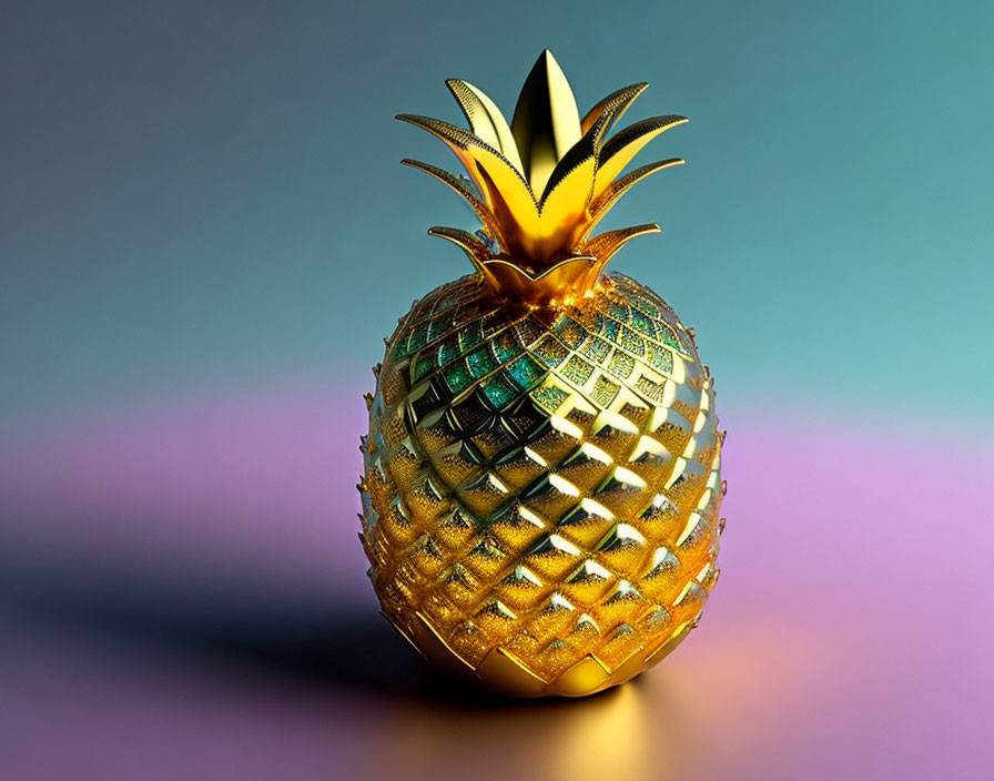 Metallic Gold Pineapple on Blue to Pink Gradient Background