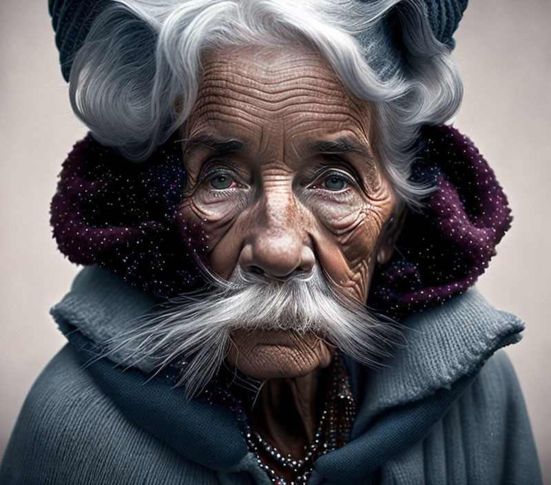 Elderly woman with blue eyes, white hair, moustache, and beard in blue scarf