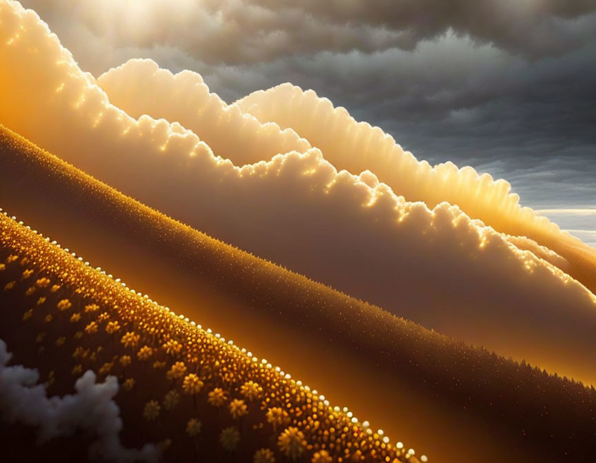 Surreal landscape: golden clouds over dark forest