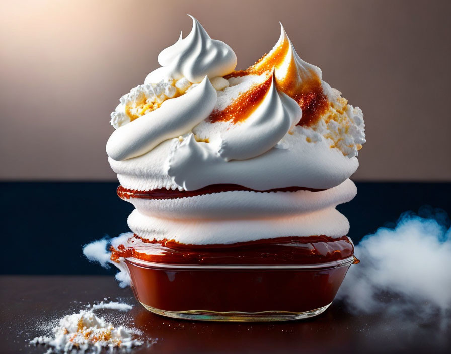 Whipped cream dessert with golden meringue topping on ceramic dish in misty setting