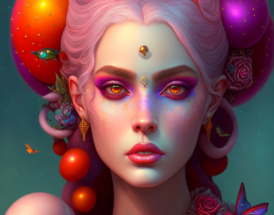 Colorful surreal portrait of woman with vibrant makeup and whimsical elements