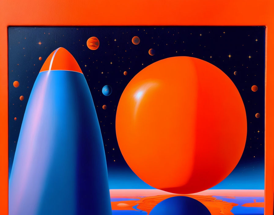 Surreal artwork: blue mountain, orange sphere, starry backdrop, Mars-like planet