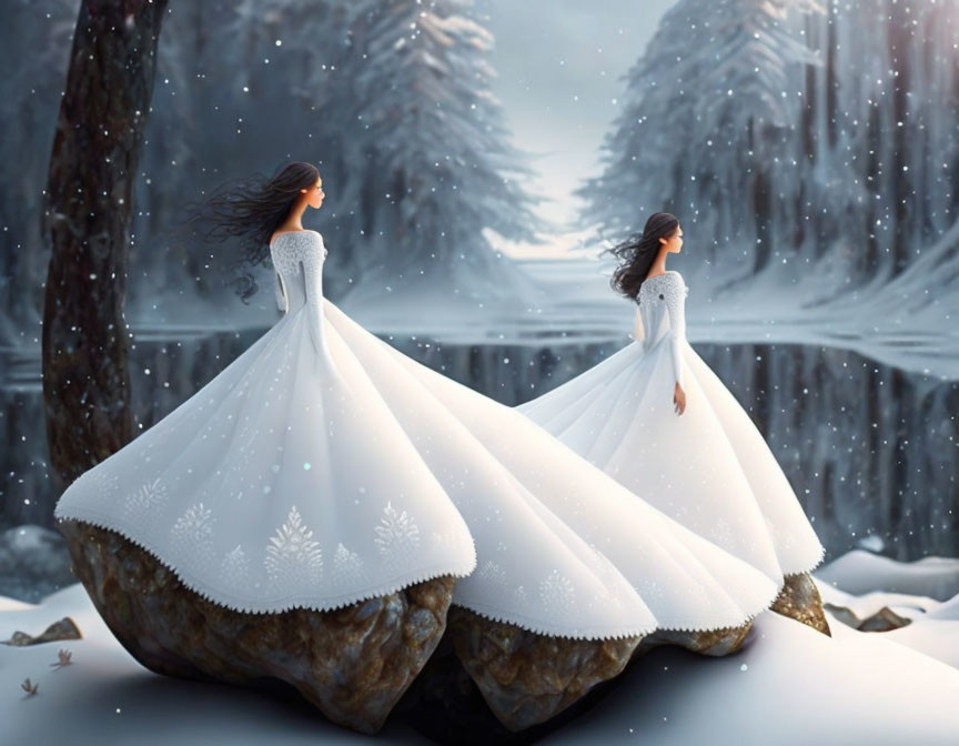 Two Women in White Dresses in Snowy Landscape