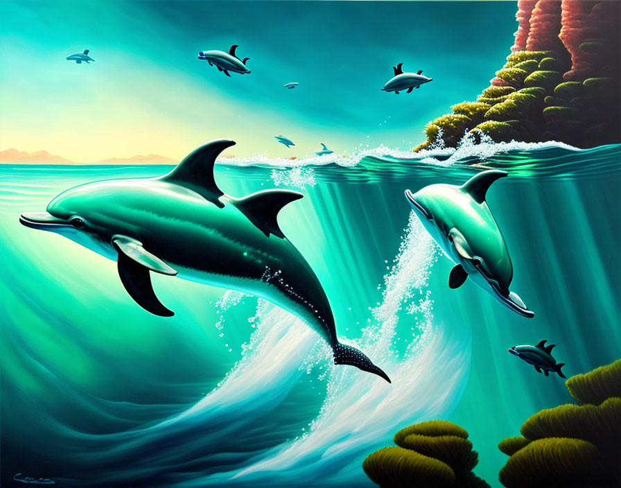 Surreal image: Dolphins leaping in vibrant underwater scene