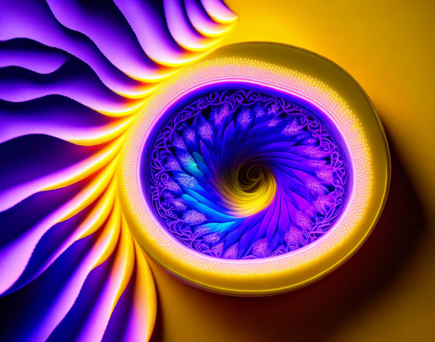 Colorful Digital Fractal Art: Swirling Purple and Blue Patterns on Yellow Background