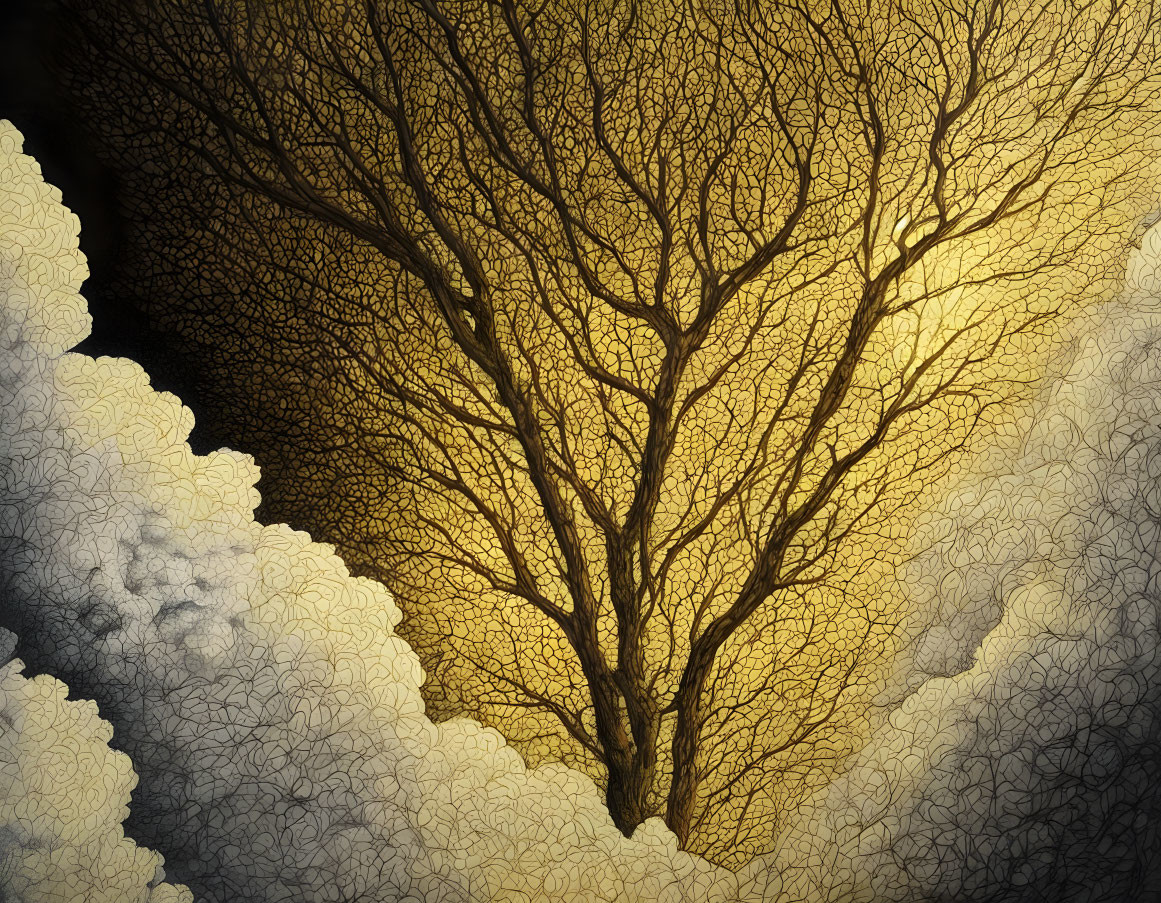 Textured tree veins on golden backdrop: neural network vibes