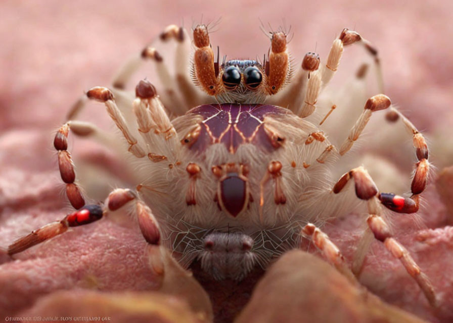 Detailed view of crab spider on textured surface with red-jointed legs