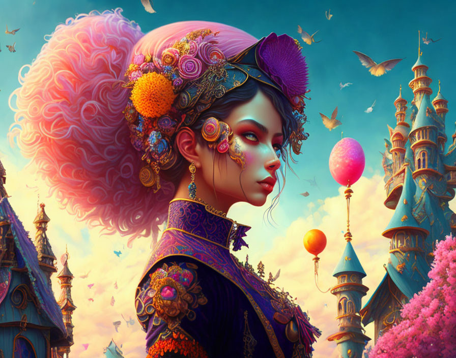 Elaborate pink hair female figure with butterfly in whimsical castle backdrop