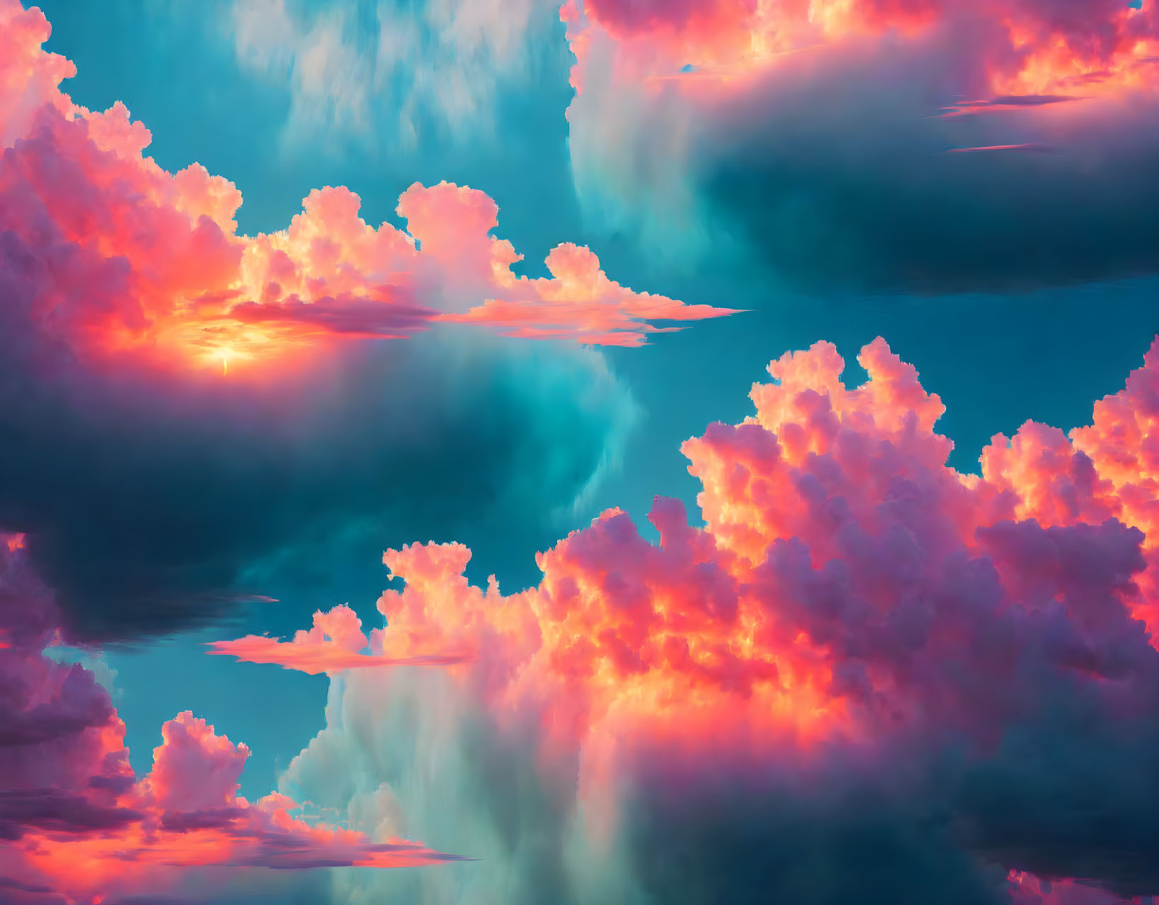 Colorful sunset sky with fluffy clouds and sun creating dreamlike scene