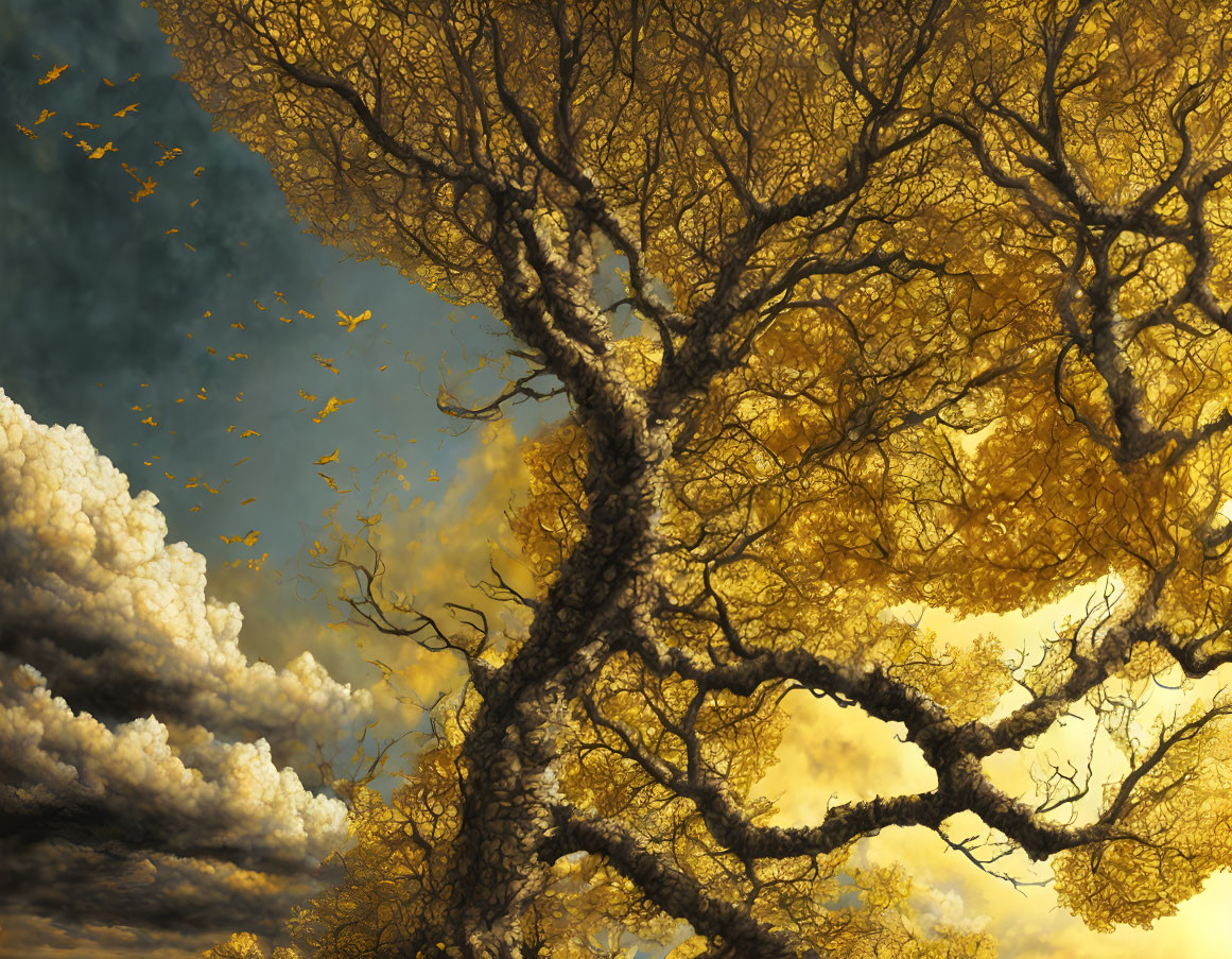 Golden-leaved tree under dramatic sky with flying birds