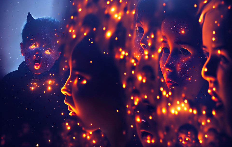 Multiple children's faces surrounded by glowing orange particles on dark blue background