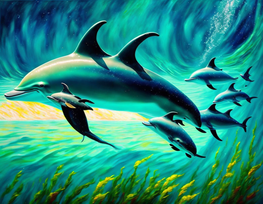 Seven dolphins leaping above a yellow sea with a starry sky backdrop