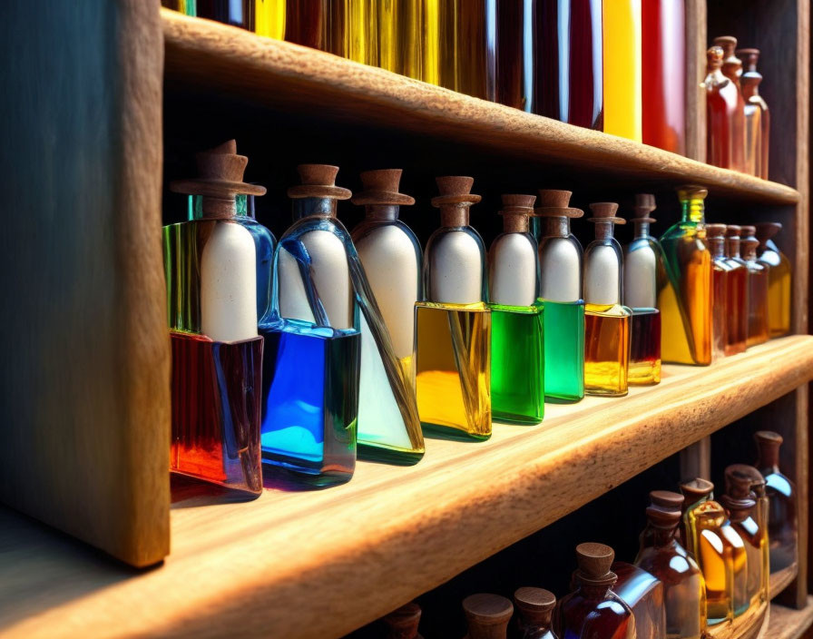 Colorful Liquid-Filled Bottles with Cork Stoppers on Wooden Shelves