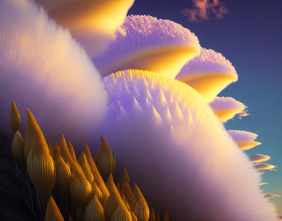 Abstract landscape: golden cob-like structures, purple & yellow feather-like formations against blue sky