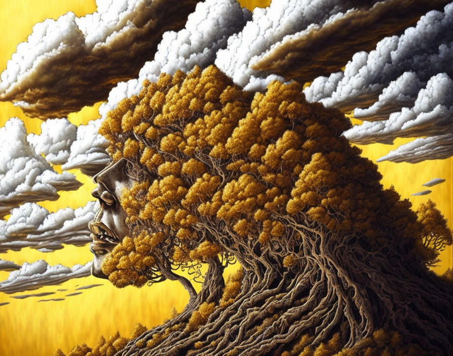 Surrealist artwork: face merging into tree with cloud-like branches on yellow background