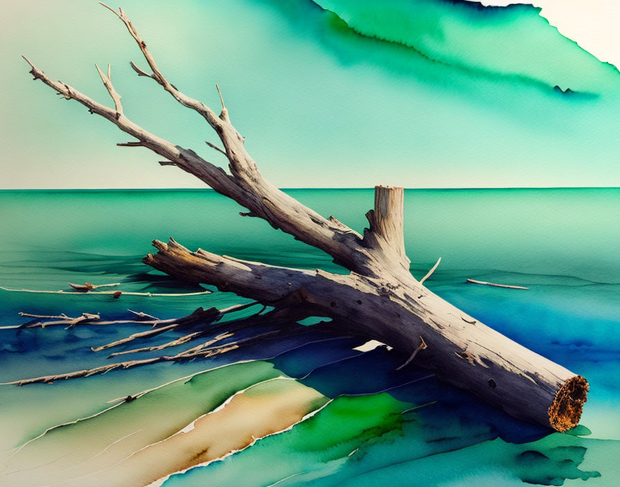 Sun-bleached log on colorful abstract beach with tranquil blue waters