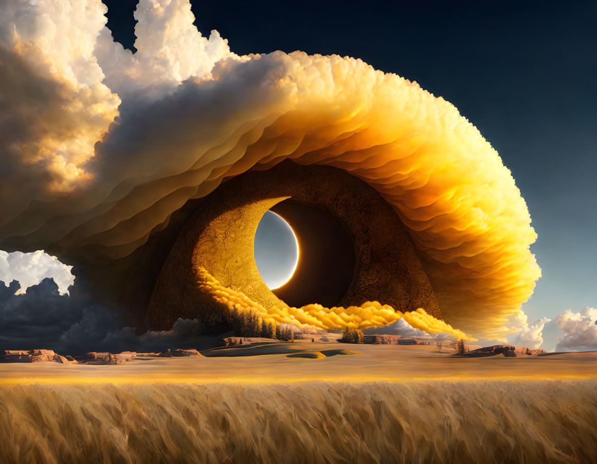 Surreal landscape with shell-like structure, crescent moon, and golden wheat field