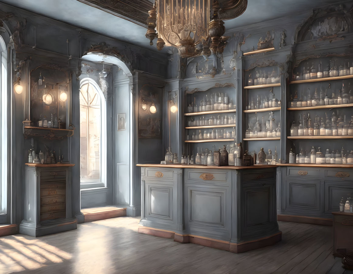 Vintage Pharmacy Interior with Wood Cabinets and Chandeliers