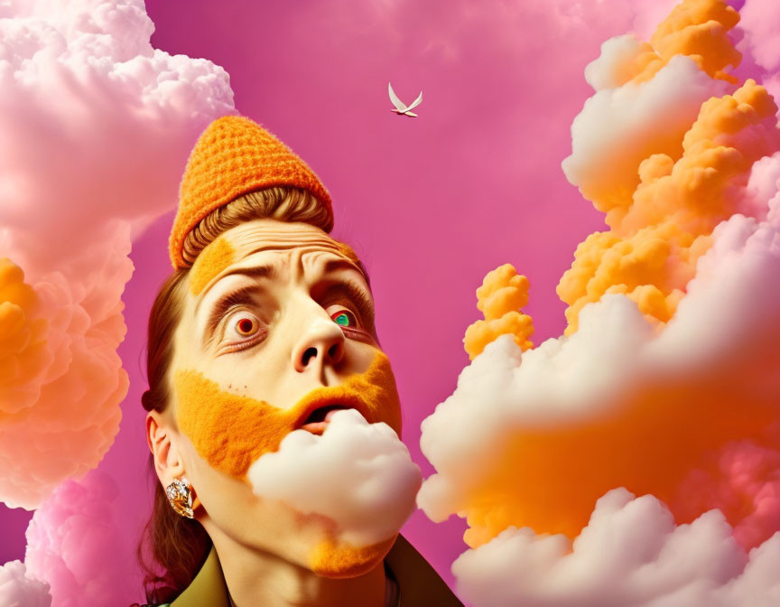 Person with orange hat gazes at paper plane in pink and orange clouds