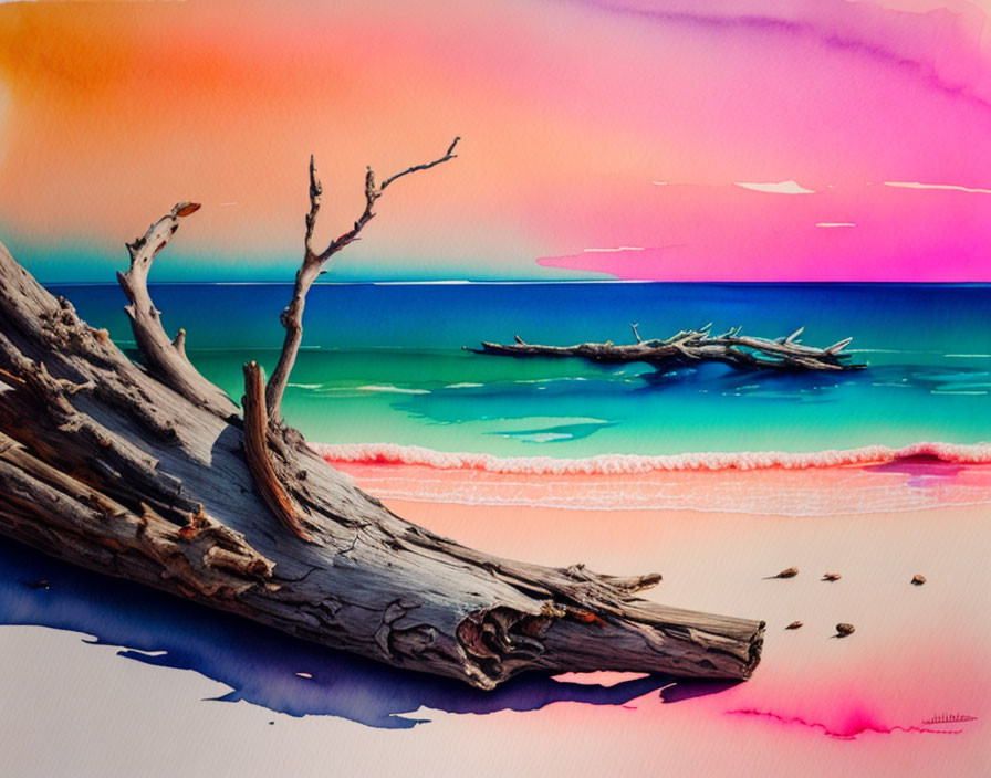 Scenic beach sunset watercolor with fallen tree and turquoise waters