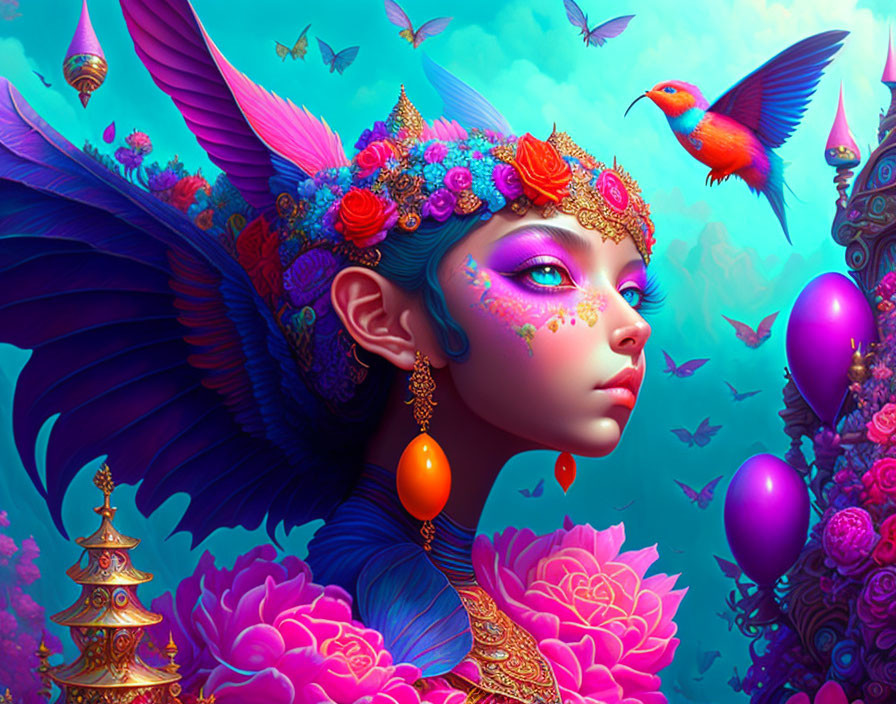 Colorful fantasy illustration of a blue-skinned woman with wings and floral elements