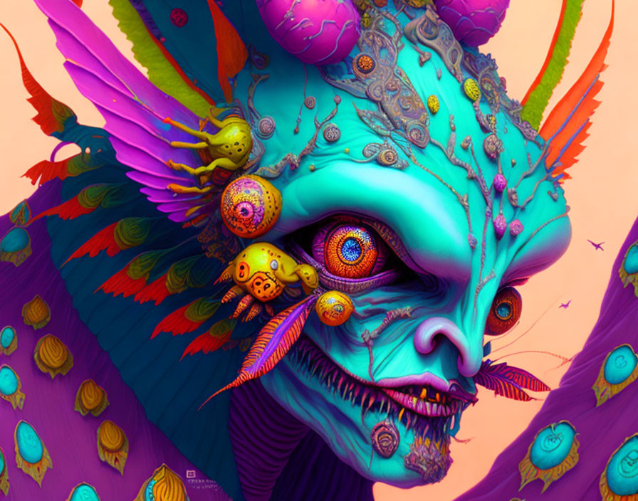 Colorful Digital Artwork: Mythical Creature with Intricate Designs, Feathered Wings, & Multiple