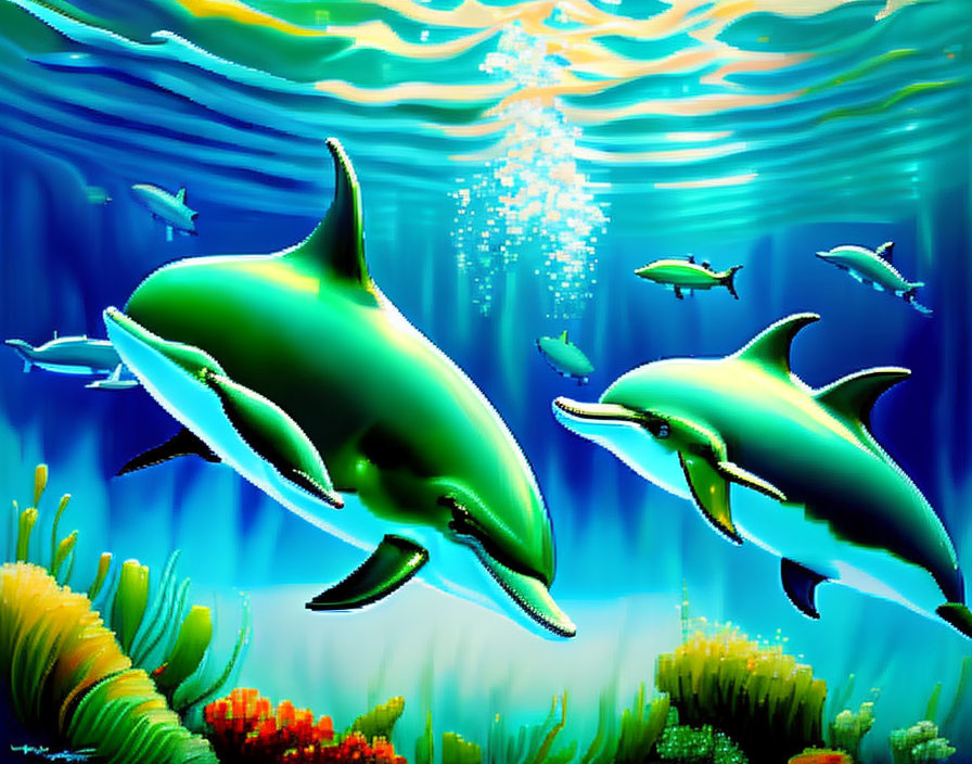 Digital Artwork: Dolphins Swimming in Colorful Ocean Scene