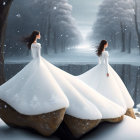 Two Women in White Dresses in Snowy Landscape