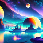 Colorful digital art landscape with neon planets, starry sky, lake, and rocks.