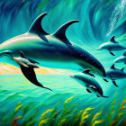 Seven dolphins leaping above a yellow sea with a starry sky backdrop