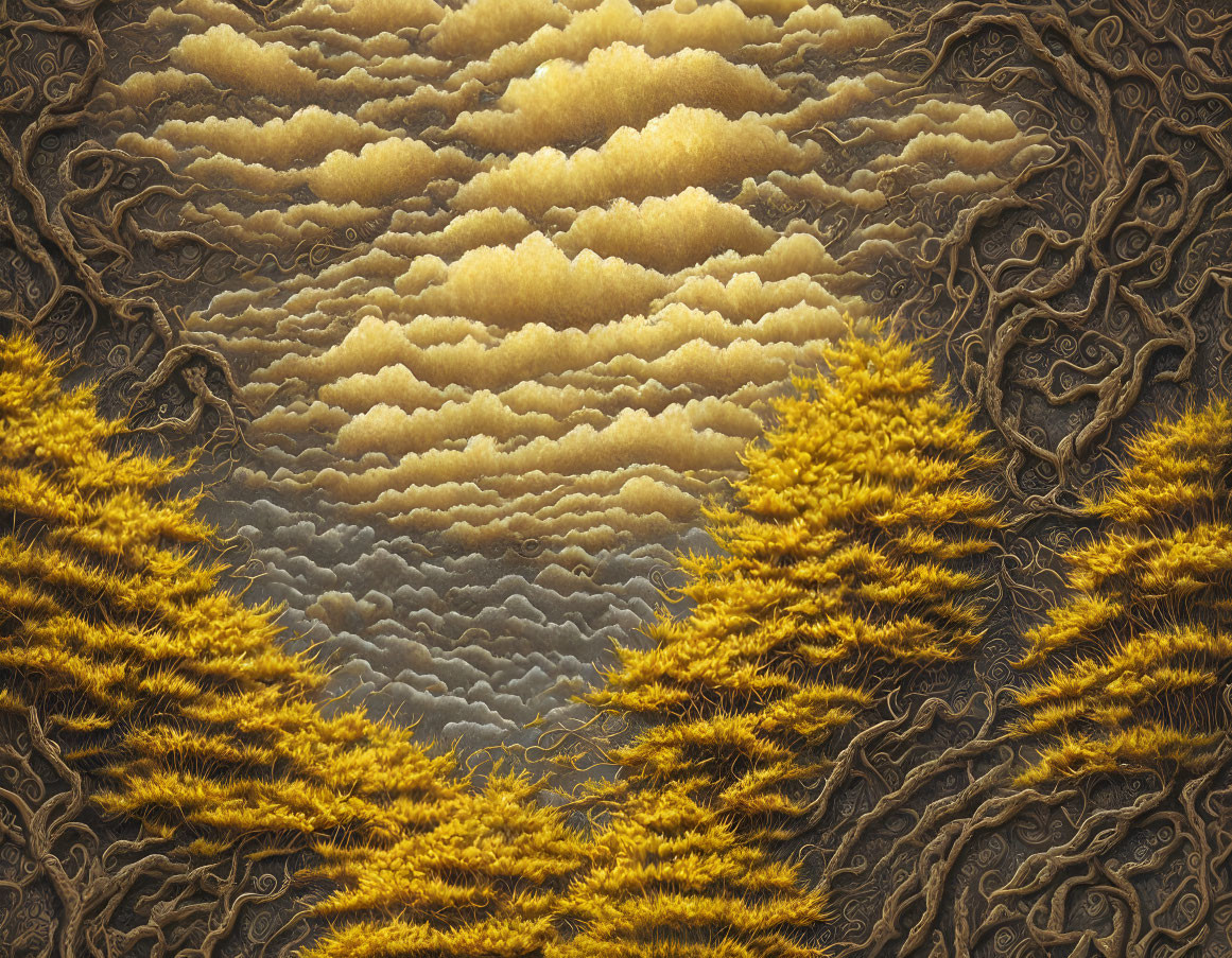 Abstract Textured Artwork: Layered Golden Cloud-like Formations with Brown Patterns