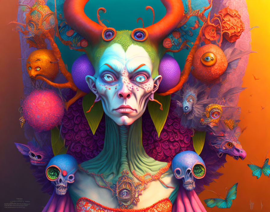 Vibrant digital artwork of surreal creature with horns and multiple eyes