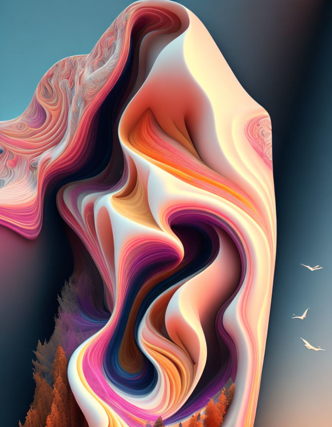 Colorful Abstract Landscape with Swirling Shapes and Birds