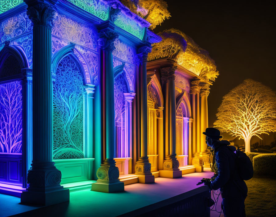 Ornate illuminated archways and trees at night