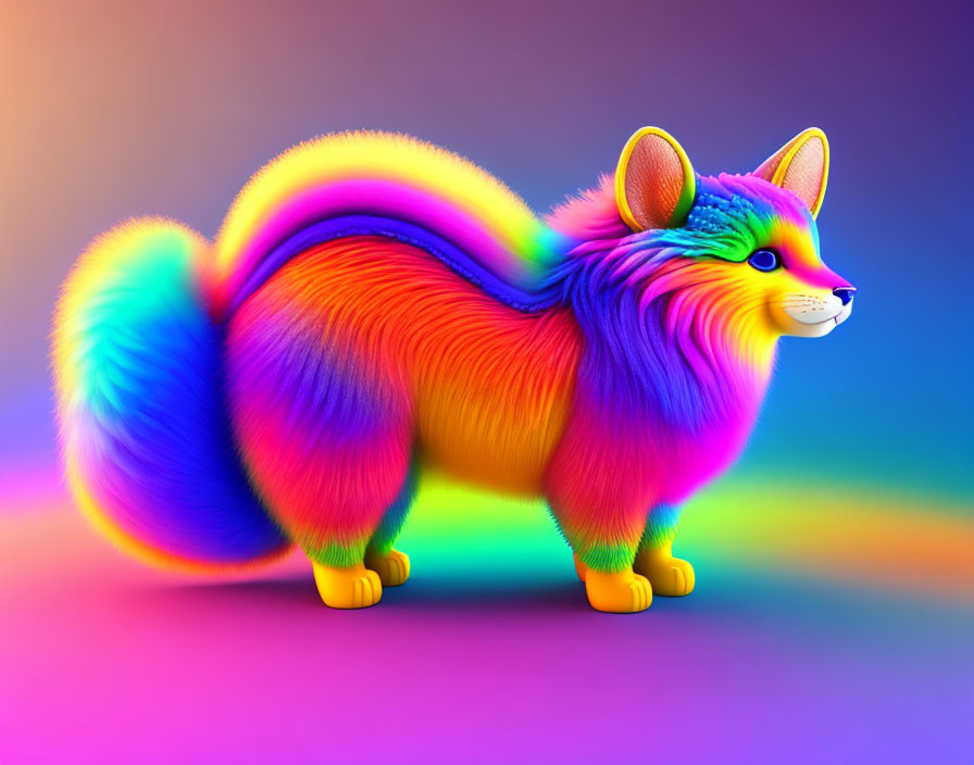 Vibrant digital art: Fantastical fox-like creature with rainbow fur on gradient backdrop