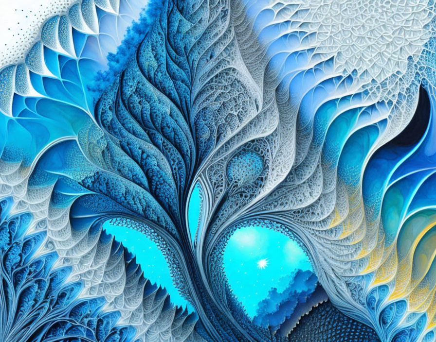 Intricate blue, white, and yellow fractal design with feather-like patterns