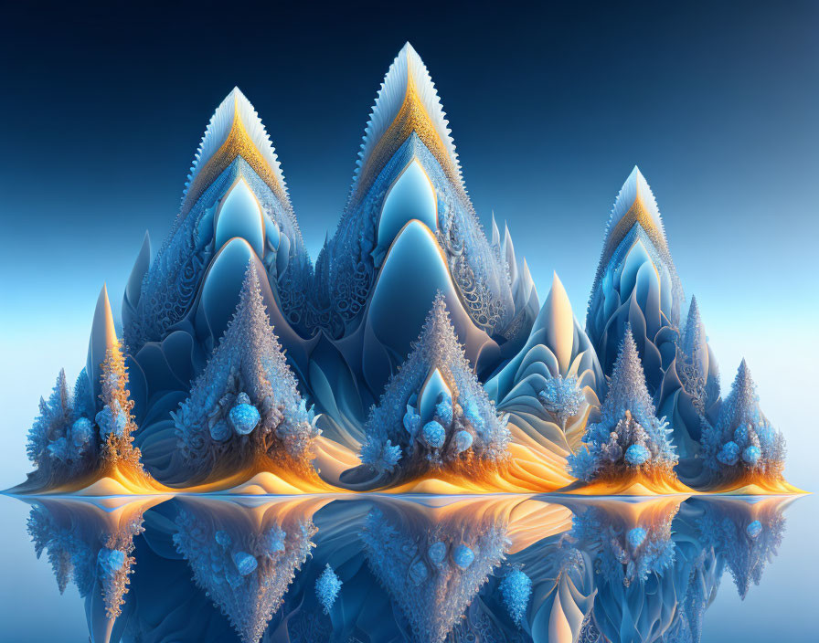 Surreal blue fractal-like structures reflected on calm surface