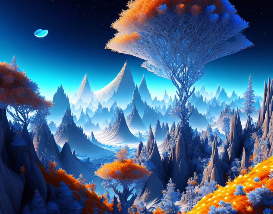 Surreal blue-toned landscape with spire-like mountains & unique orange flora