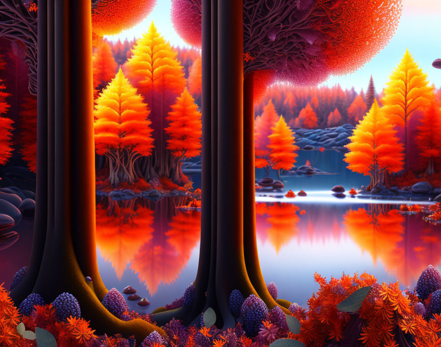 Vivid autumn forest with luminous orange leaves reflected in serene lake