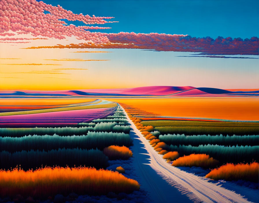 Colorful surreal landscape with path under sunset sky