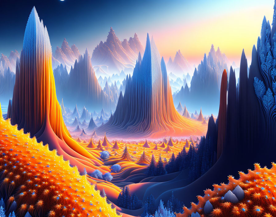 Colorful surreal landscape: orange and blue mountains under gradient sunset.