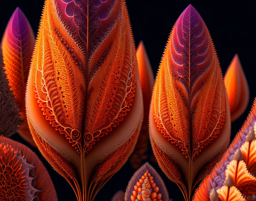 Colorful Stylized Leaf Artwork with Glowing Edges on Dark Background