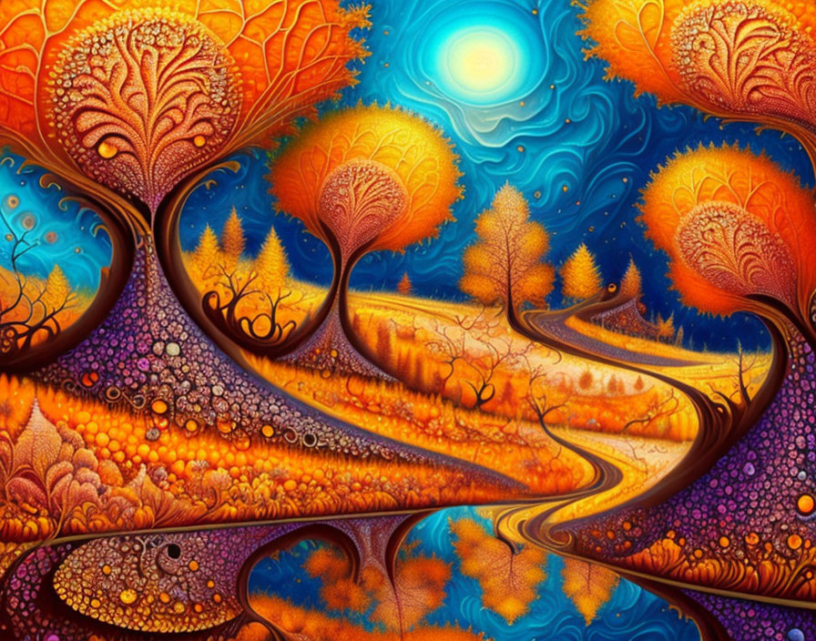 Colorful painting of whimsical trees on winding path under luminous sky